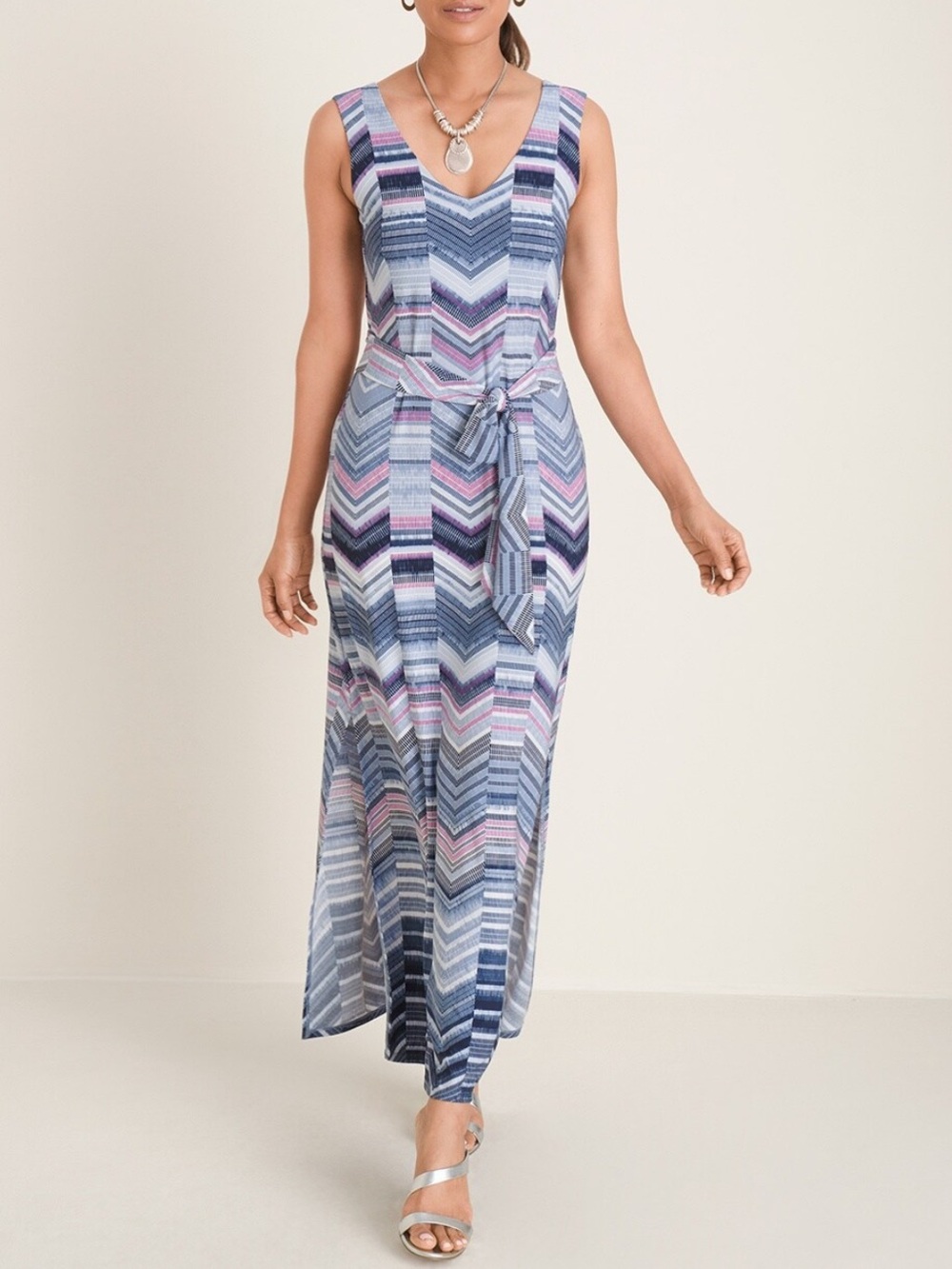 Chico's Maxi Dress 1P / 8-10P Geometric Print V-neck Vacation Sleeveless Belt